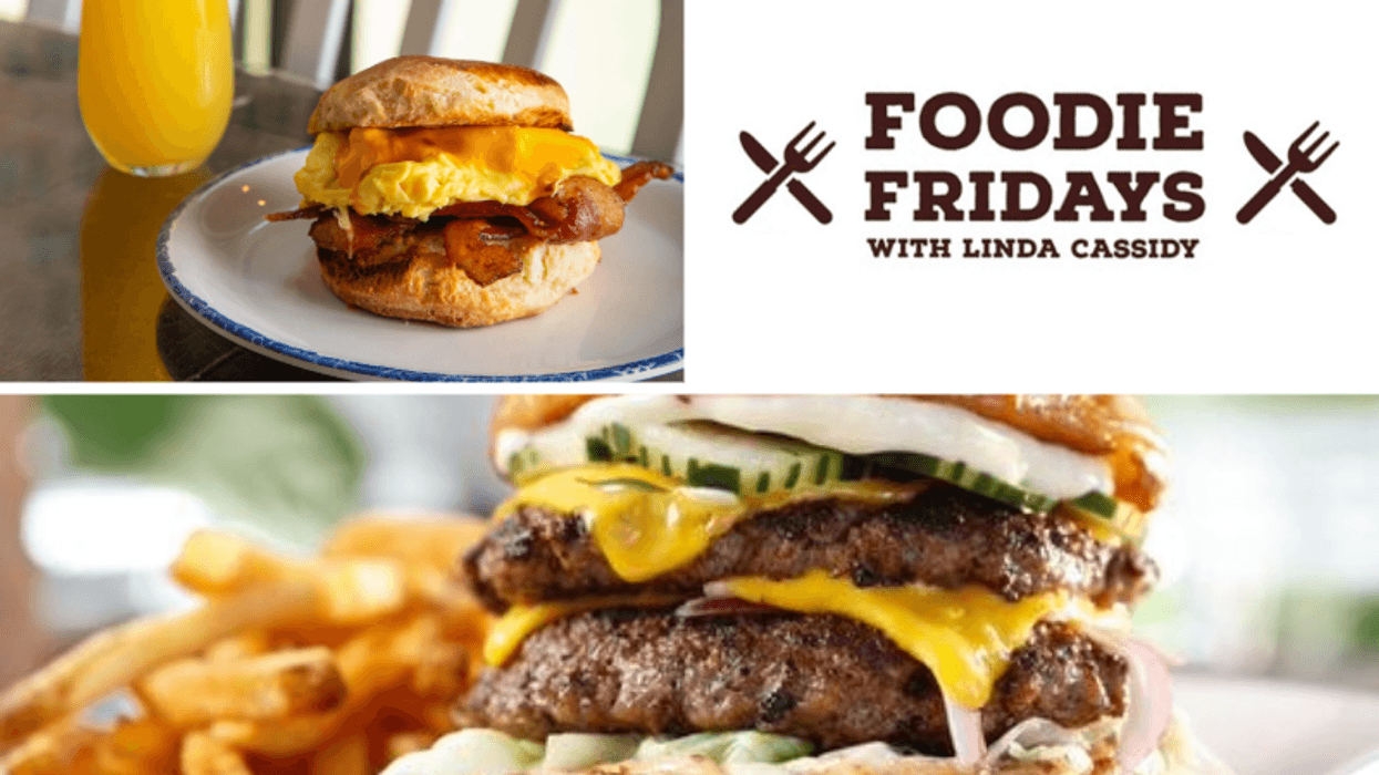 collage of breakfast biscuit, burger and Foodie Friday logo