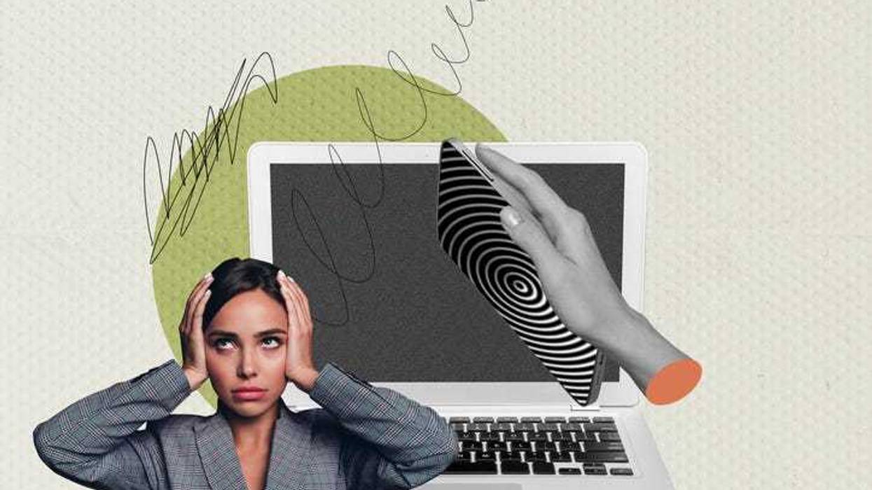 Collage portraying smartphone addiction and manipulation through digital lies and hypnotic propaganda illusions.