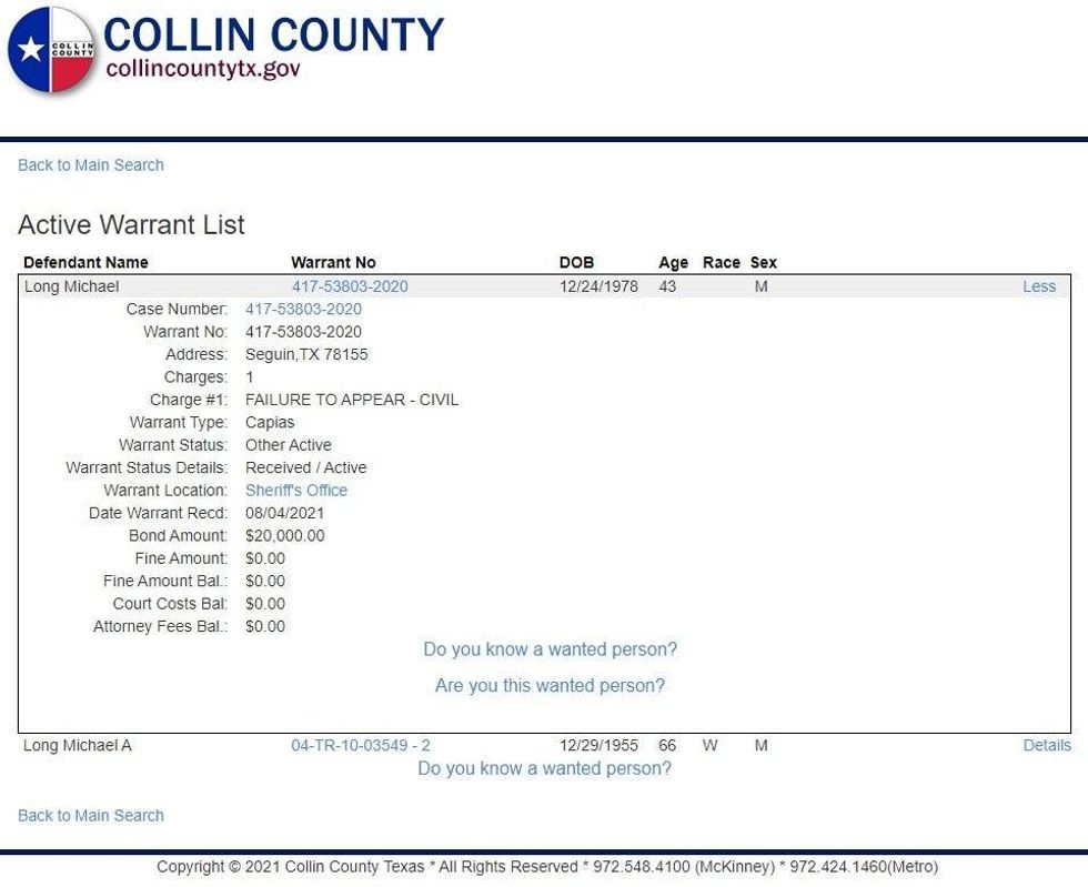 Collin County Warrant for Michael Long