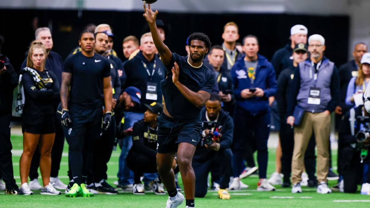 Colorado Buffaloes quarterback Shedeur Sanders (2) passes the ball at the University of Colorado NFL Showcase at the CU Indoor Practice Facility.