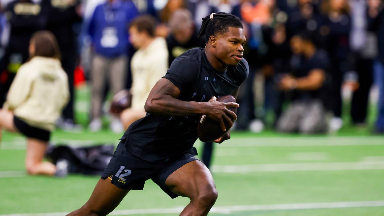 Colorado Buffaloes wide receiver Travis Hunter (12) runs drills at the University of Colorado NFL Showcase at the CU Indoor Practice Facility.