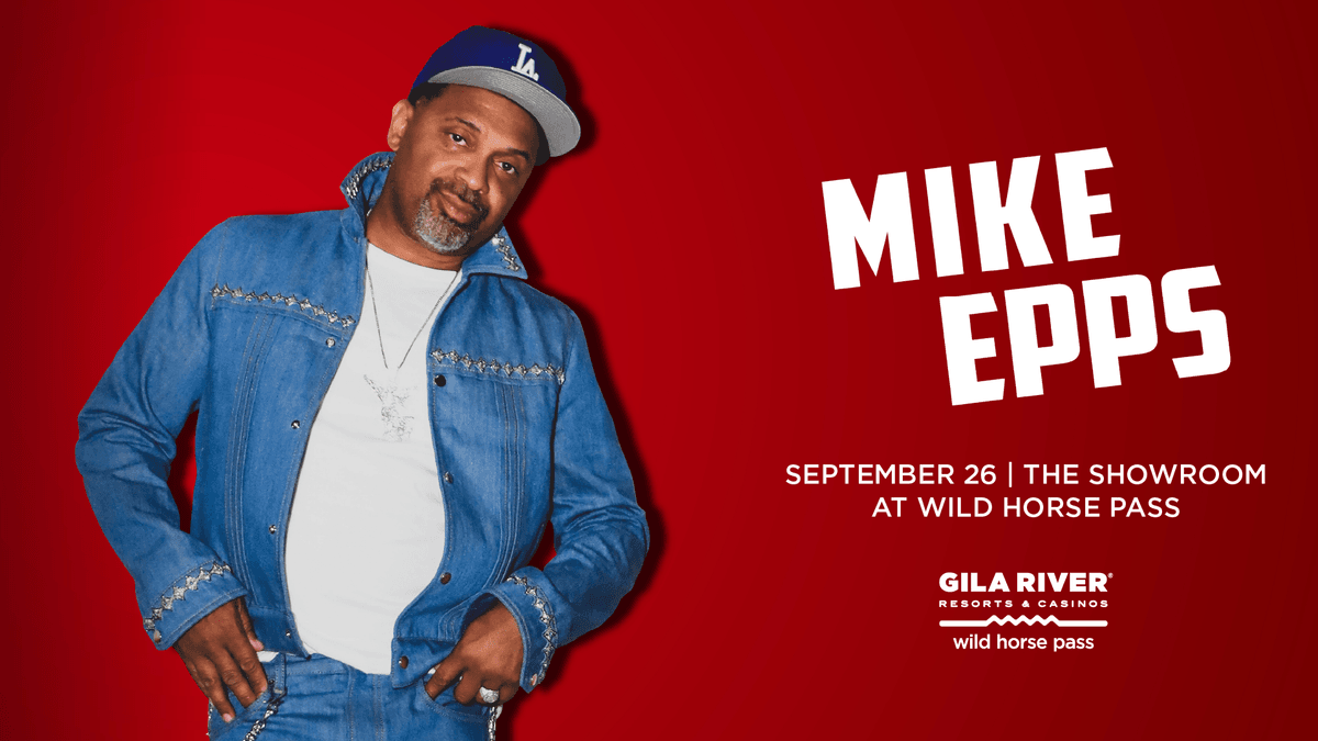 Comedian Mike Epps smiles in a denim jacket on his event poster for September 26 at Wild Horse Pass.