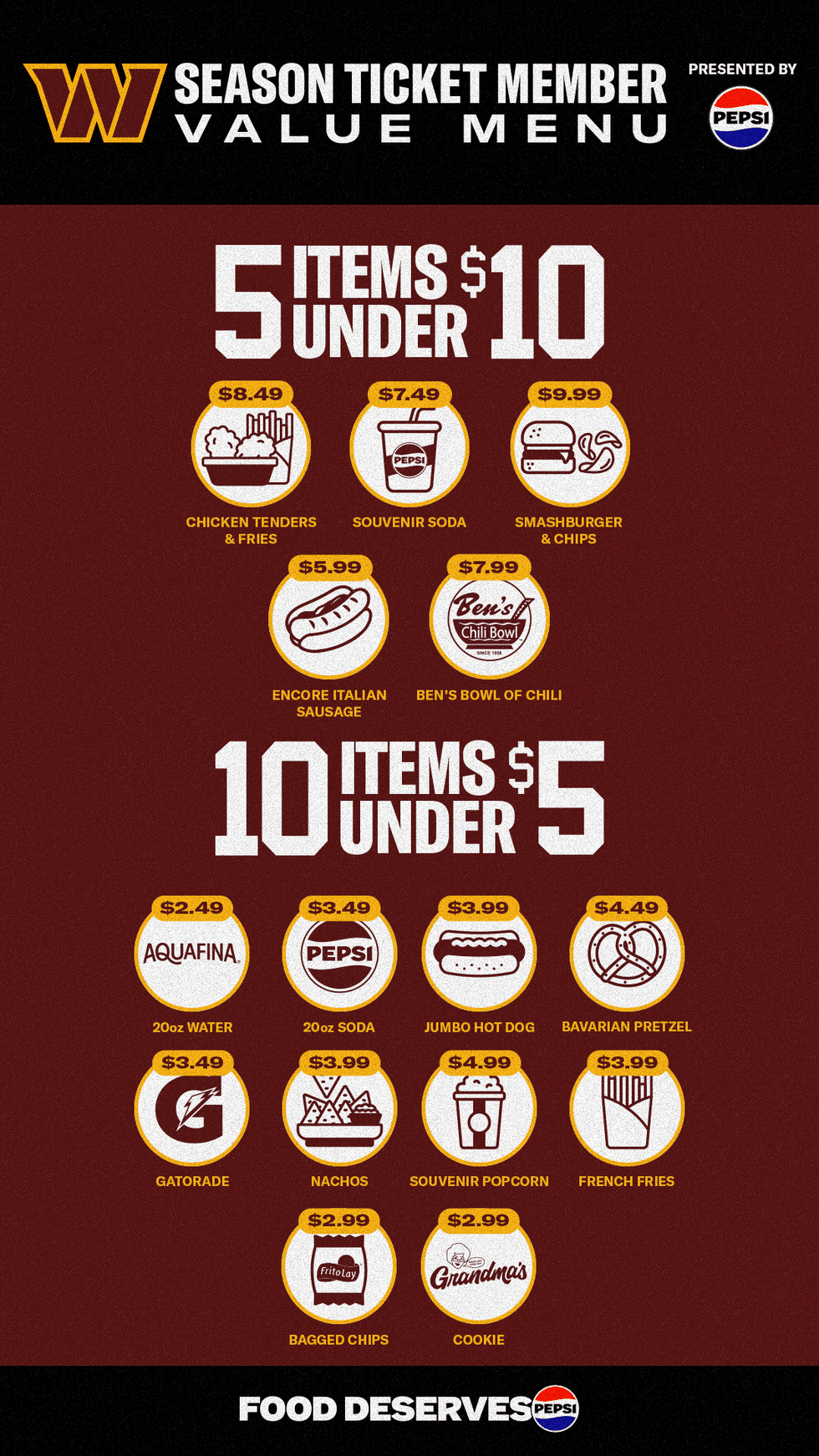 Commanders Season Ticket Member Value Menu