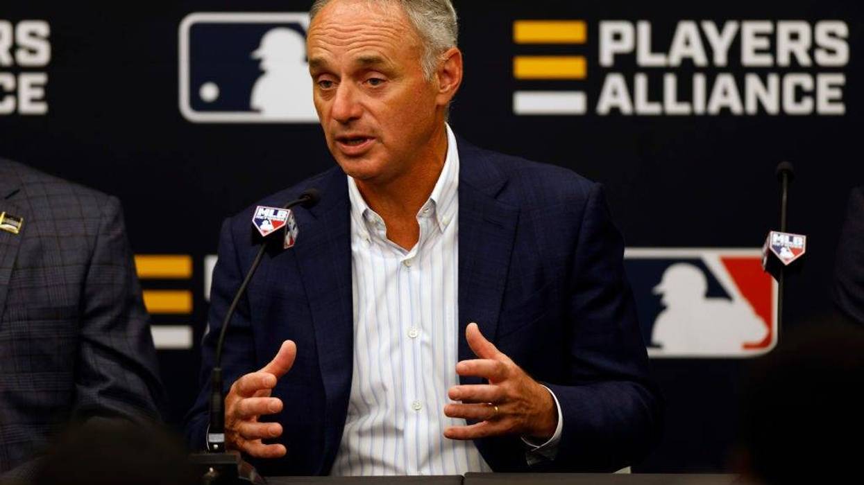 Commissioner of Baseball Robert D. Manfred Jr. speaks during a press conference announcing a partnership with the Players Alliance during the Gatorade All-Star Workout Day at Coors Field on July 12, 2021 in Denver, Colorado.