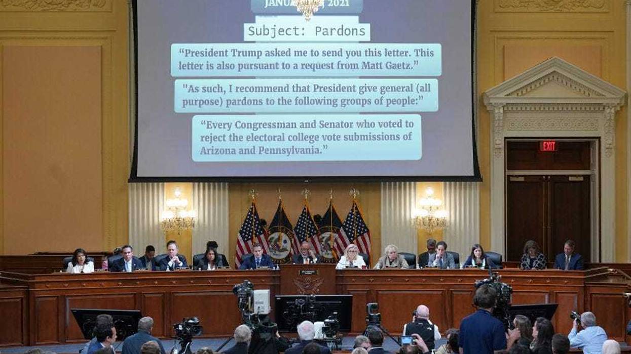 Communication about presidential pardons are shown during the fifth hearing held by the Select Committee to Investigate the January 6th Attack on the U.S. Capitol on June 23, 2022