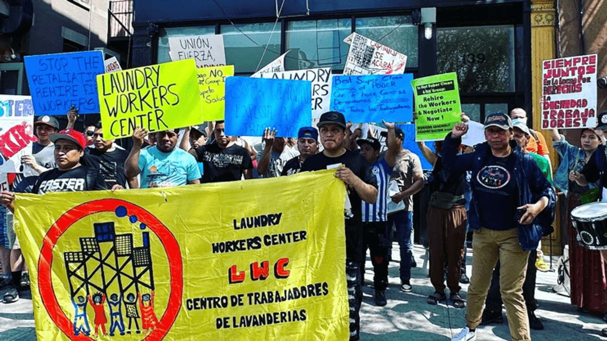 Community groups organized by the Laundry Workers Center picket in front of Best Super Cleaning offices every Friday to support workers who are advocating for safer working conditions and higher wages.