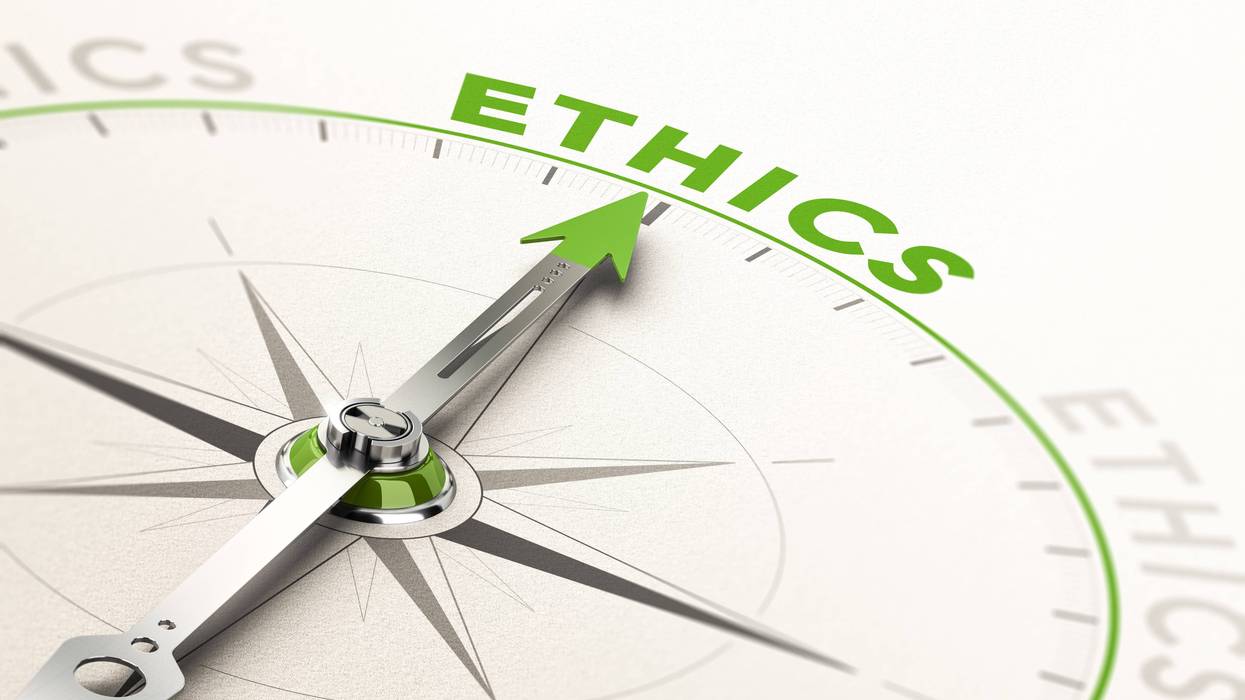 compass with needle pointing the word ethics. Conceptual 3d illustration of business integrity and moral