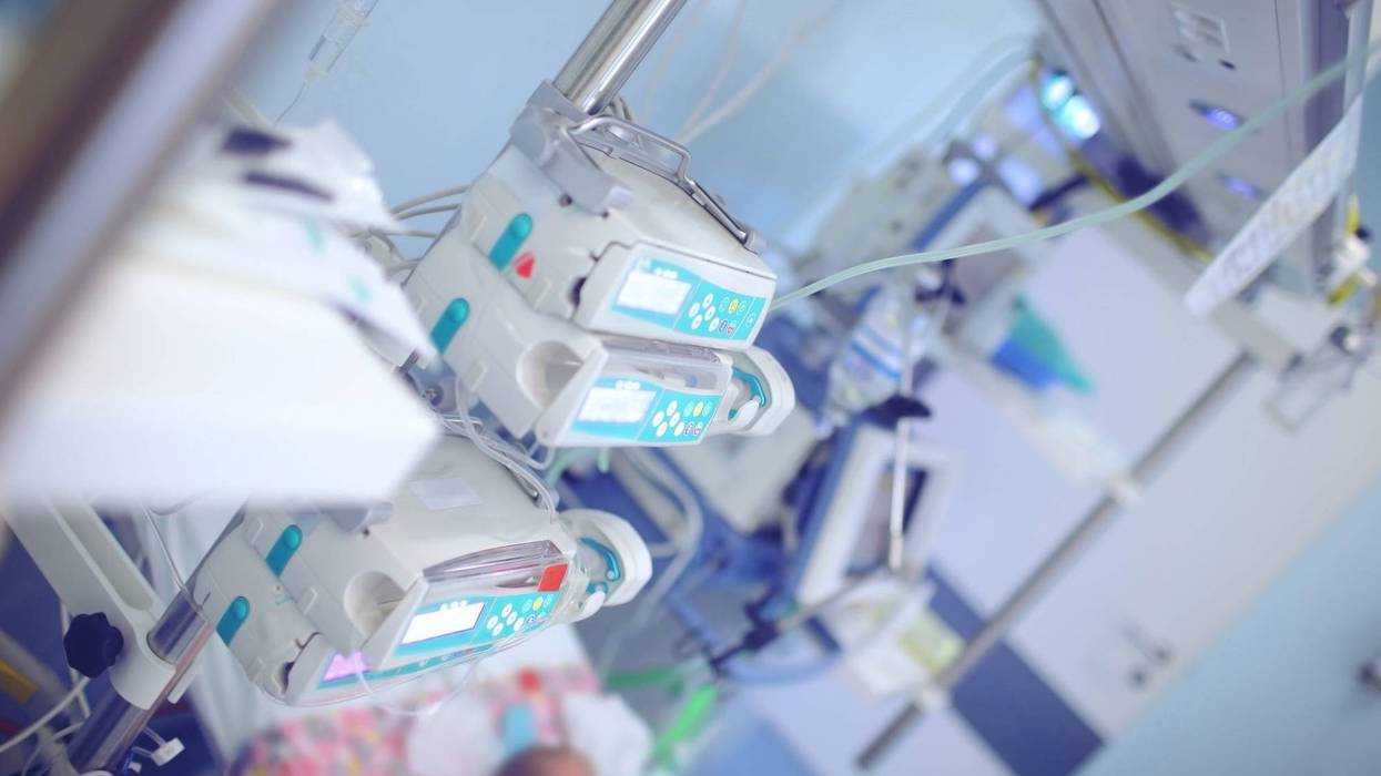 Complex of tangled tubes and technology wires in the modern ICU chamber.