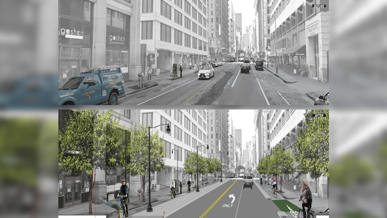 Concept rendering of an $18.7 million plan that is set to overhaul the 7th Street corridor, starting from San Pedro Street in Skid Row and ending westward at the Downtown Los Angeles' shopping area at Figueroa Street. Councilmember Kevin de León broke ground on the project on April 4, 2022.