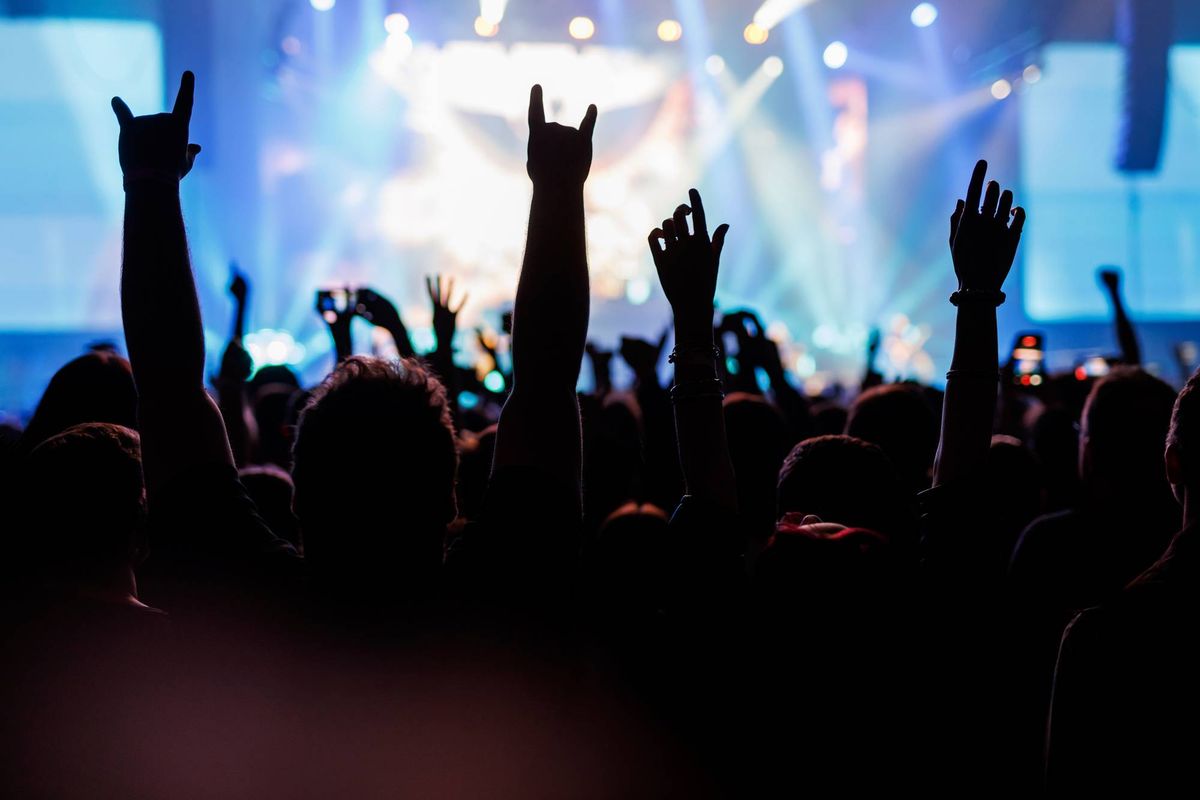Concert Audience Silhouettes Raising Hands with Rock Sign