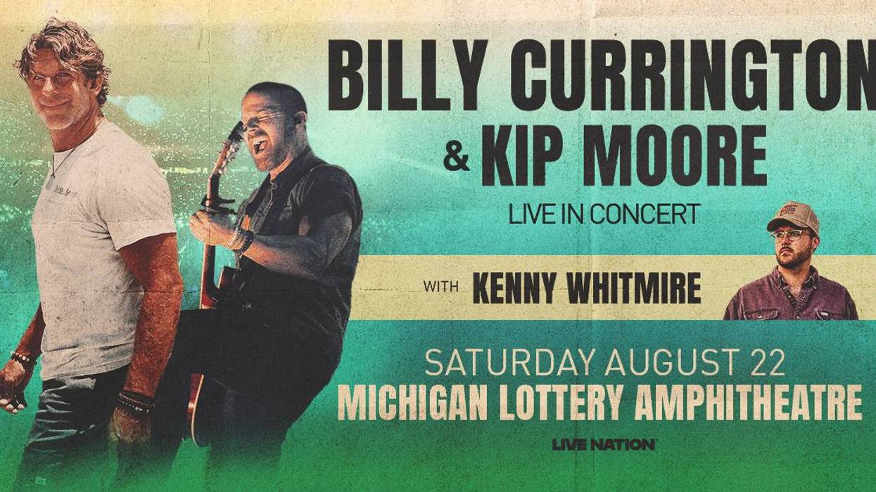 Concert poster: Billy Currington, Kip Moore, Kenny Whitmire. Aug 22, Michigan Lottery Amphitheatre.
