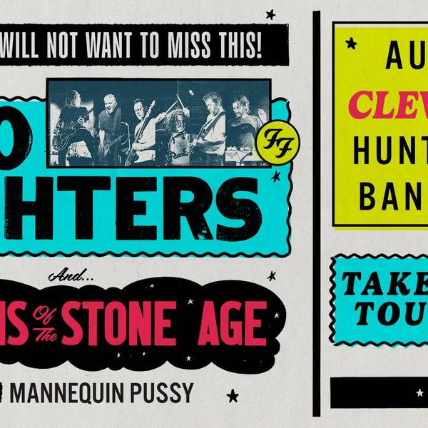 Concert poster for Foo Fighters, Queens of the Stone Age & Mannequin Pussy on Aug 10th in Cleveland.