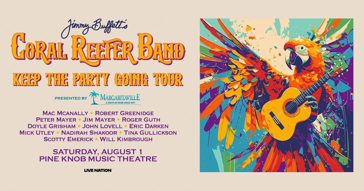 Concert poster for Jimmy Buffett's Coral Reefer Band tour, featuring a colorful macaw playing guitar.
