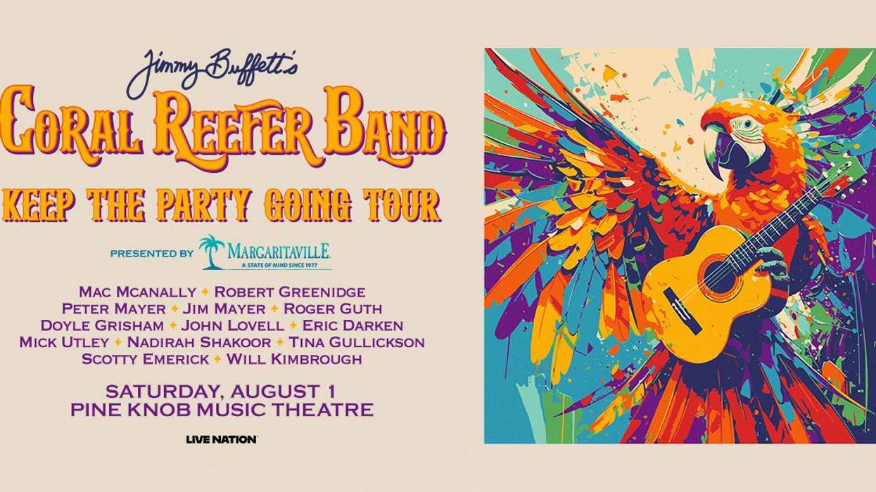 Concert poster for Jimmy Buffett's Coral Reefer Band tour, featuring a colorful macaw playing guitar.