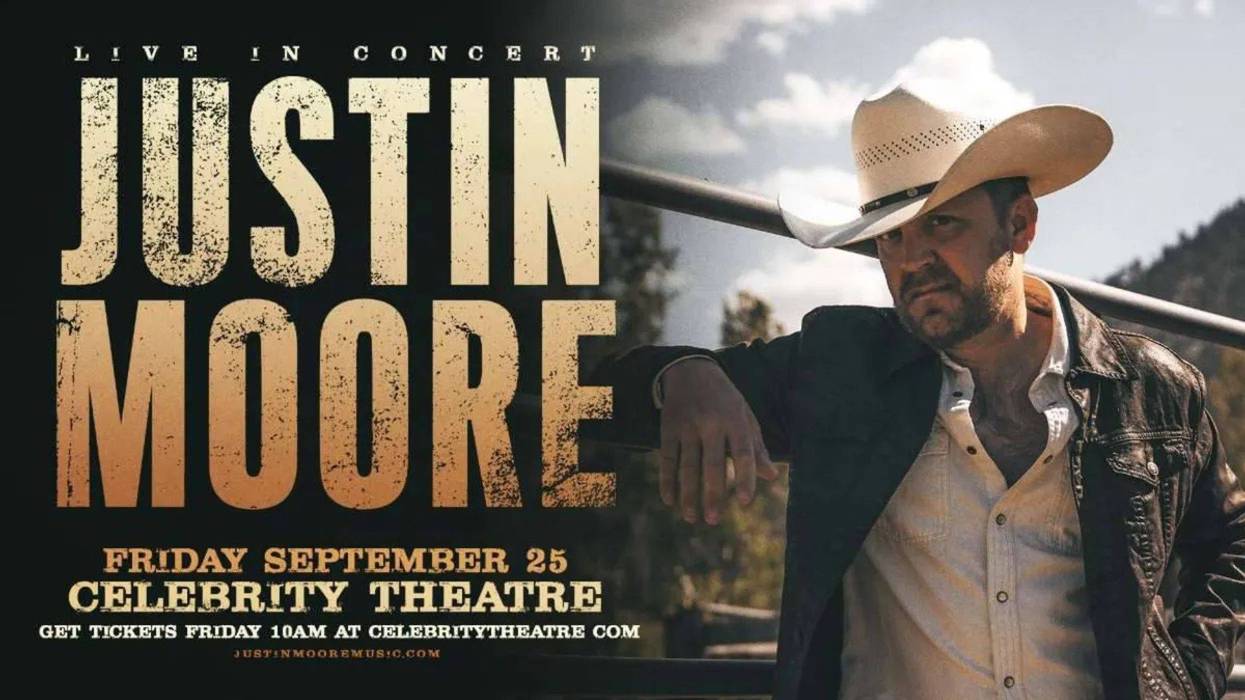 Concert poster for Justin Moore, country singer in a cowboy hat. Fri, Sep 25 at Celebrity Theatre.