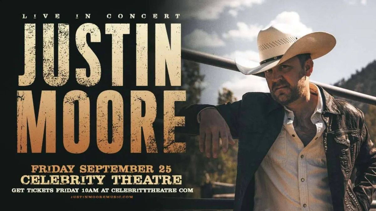 Concert poster for Justin Moore, country singer, wearing a cowboy hat and denim jacket.