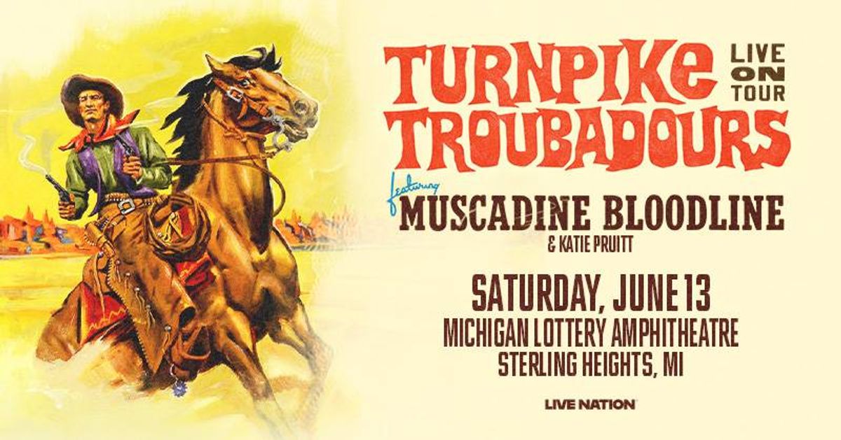 Concert poster for Turnpike Troubadours, Muscadine Bloodline, Katie Pruitt with cowboy on horse. June 13.