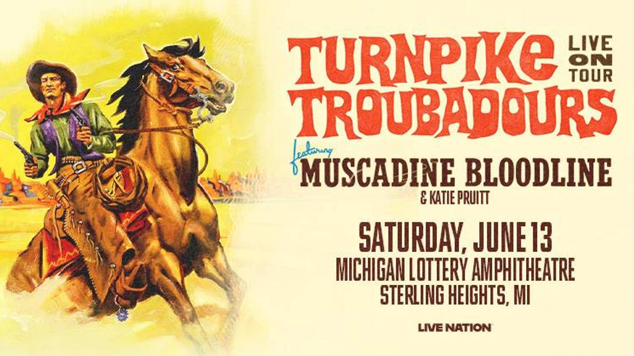 Concert poster for Turnpike Troubadours, Muscadine Bloodline, Katie Pruitt with cowboy on horse. June 13.