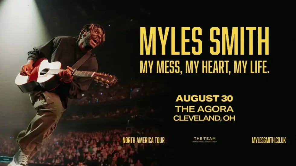 Concert poster: Myles Smith playing guitar. 'My Mess, My Heart, My Life' tour, Aug 30, Cleveland, OH.