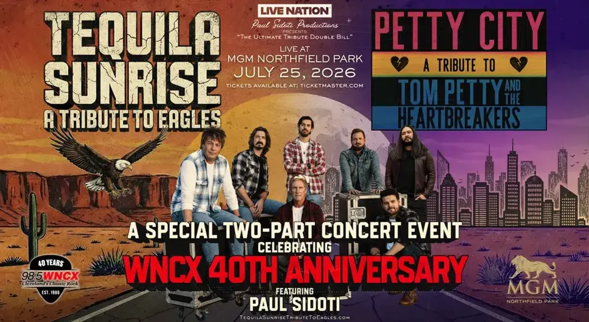 Concert poster: Tequila Sunrise (Eagles) and Petty City (Tom Petty) tribute, WNCX 40th Anniv.