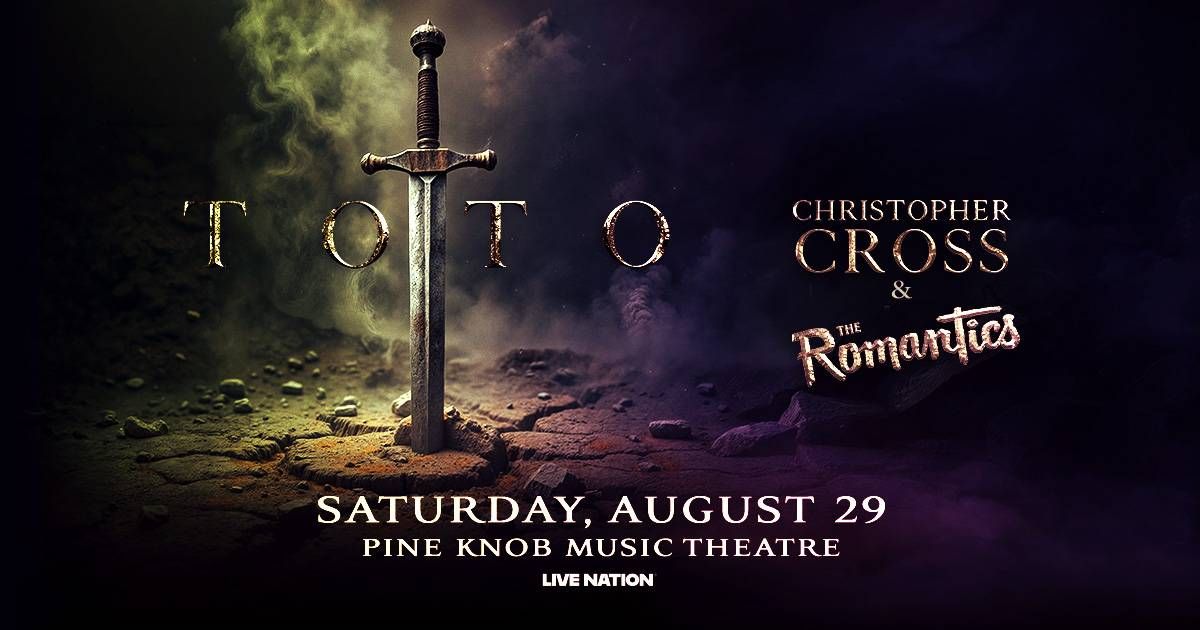 Concert poster with sword for Toto, Christopher Cross, The Romantics. Aug 29, Pine Knob Music Theatre.