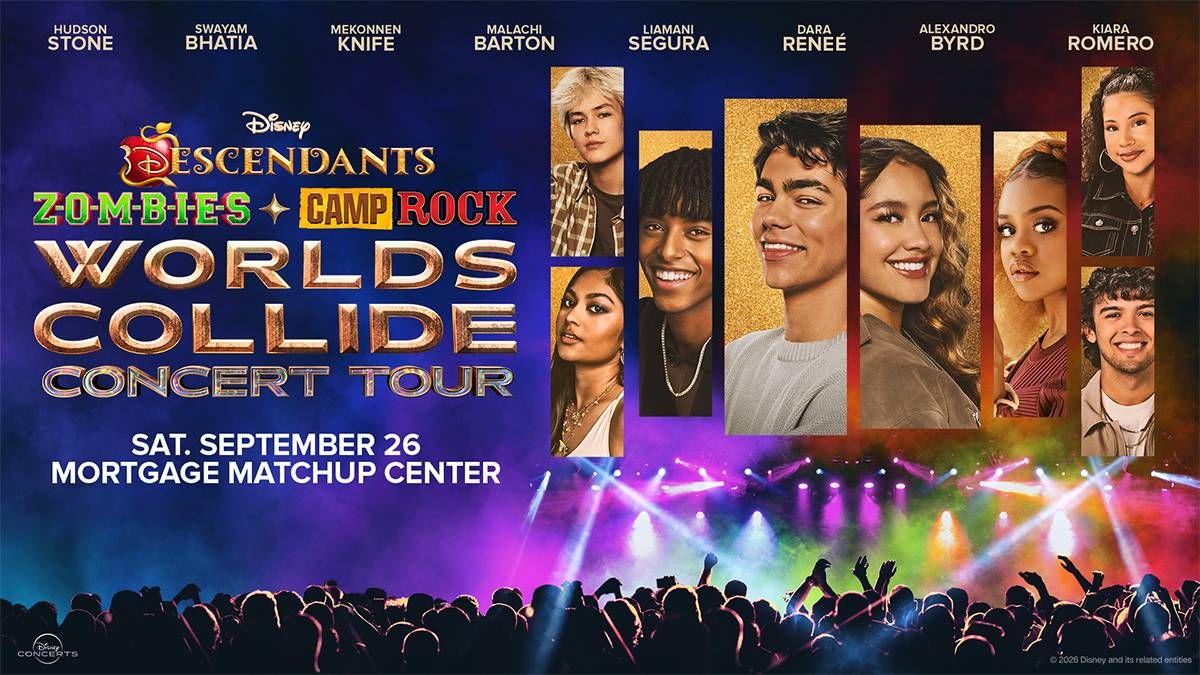 Concert tour poster for Disney's Descendants, Zombies, Camp Rock. Features 8 young cast members.