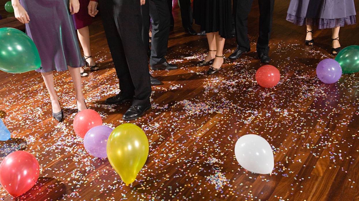 Confetti and balloons on the floor