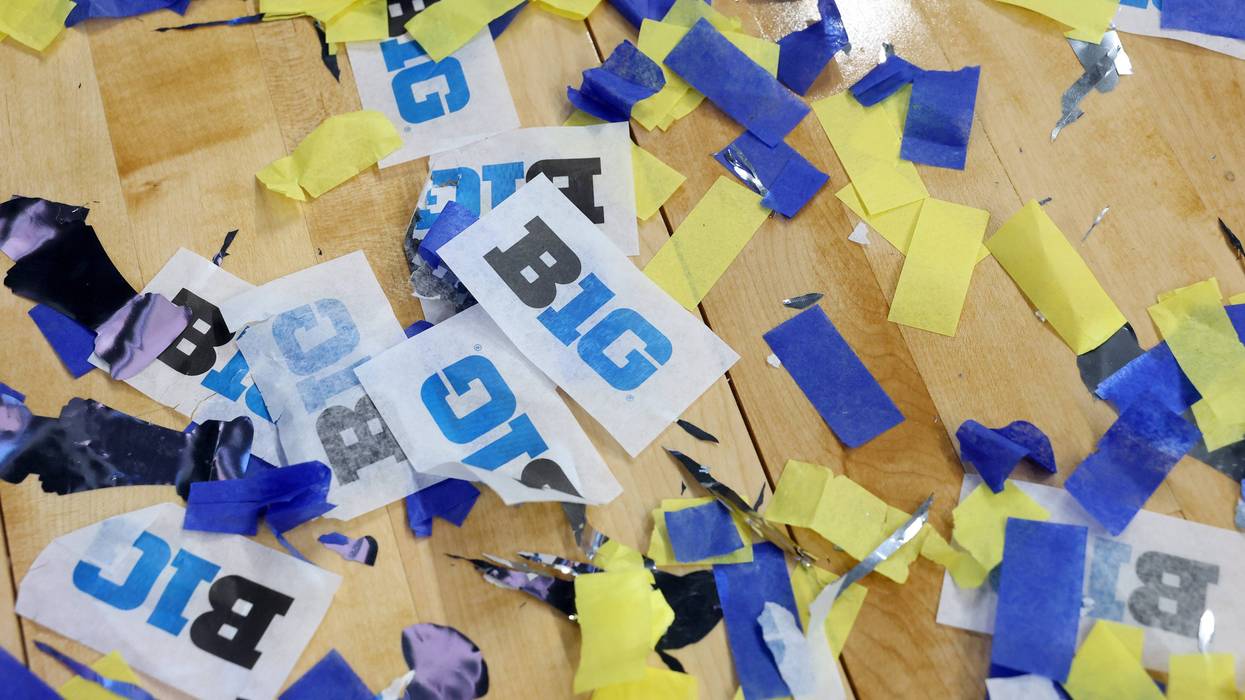 Confetti on the court following the UCLA Bruins 72-67 win over the USC Trojans in the Big Ten Women's Basketball Tournament - Championship game at Gainbridge Fieldhouse on March 09, 2025 in Indianapolis, Indiana.