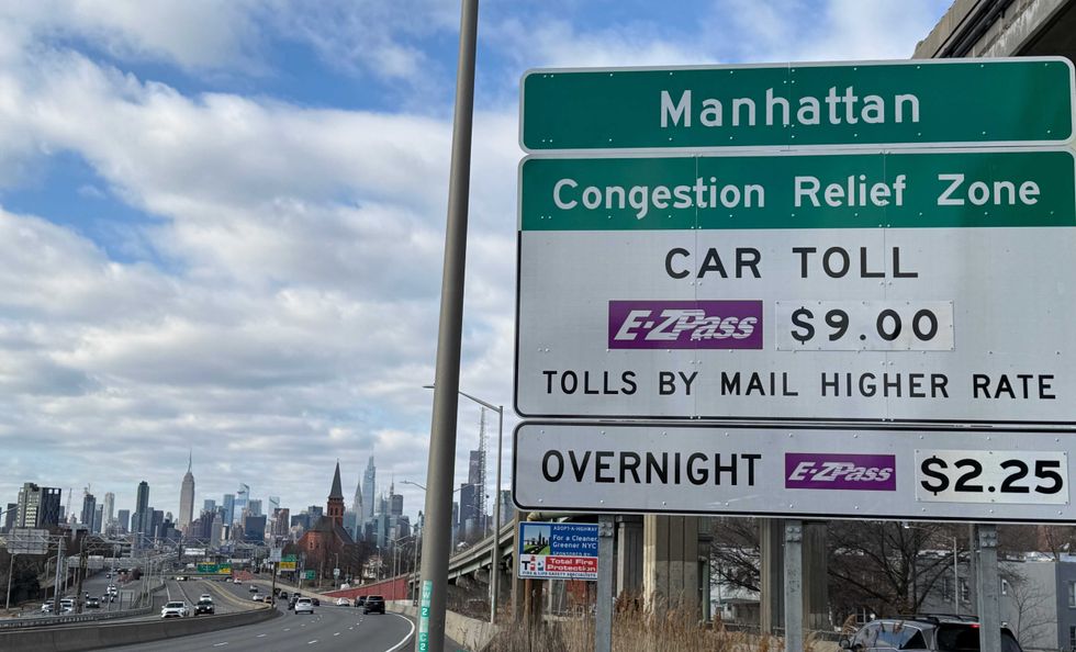 Congestion pricing, or Congestion Relief Zone, car toll sign on the westbound Long Island Expressway approaching Van Dam Street in Queens, New York on Jan. 5, 2025