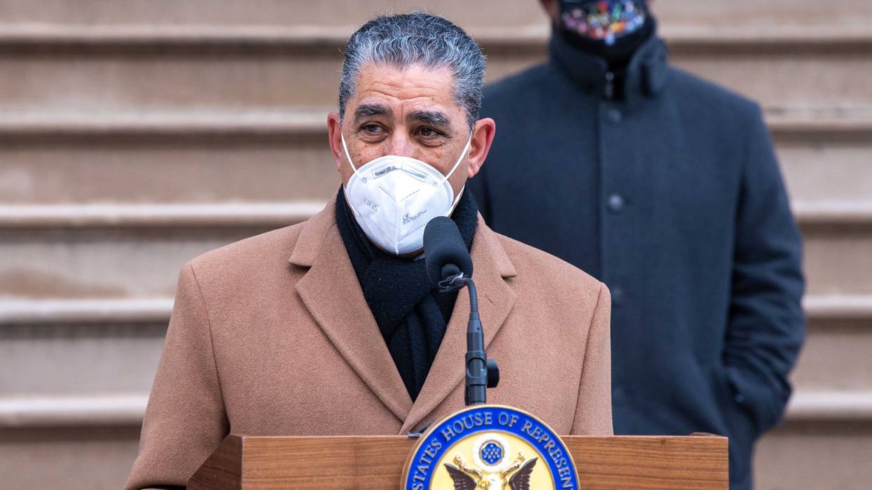Congressman Adriano Espaillat (D-NY) wearing a face mask speaks during a press conference at City Hall in New York City. Mayor de Blasio joined the Congressional members and called for swift impeachment of President Donald Trump following the violent siege of the U.S. Capitol by Trump supporters that left five dead.