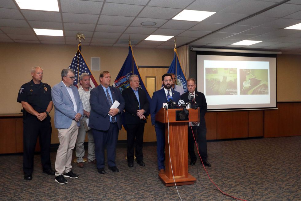 Congressman Michael Lawler, along with local Clarkstown officials, speaks at an emergency press conference after 31 migrants, including children, were recently discovered in a 1,500-square-foot home in Clarkstown, Sept. 18, 2023 in New City.