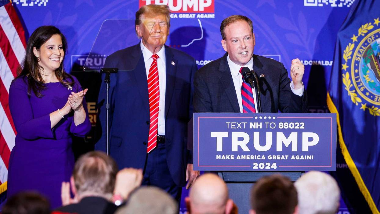 Congresswoman Elise Stefanik, left, and former Rep. Lee Zeldin endorse Donald Trump at a campaign event in January 2024