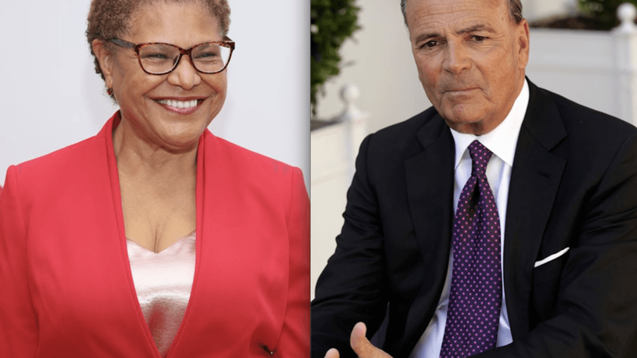 Congresswoman Karen Bass (L) (Photo by Robin L Marshall/Getty Images) and Businessman Rick Caruso (R) (Photo by Genaro Molina / Los Angeles Times via Getty Images).