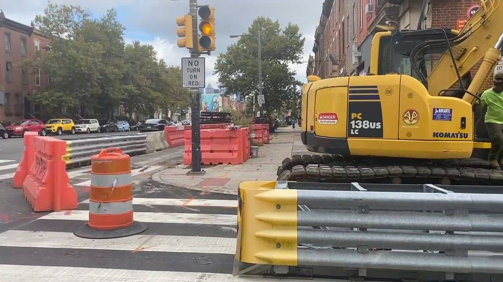 Construction equipment for a multi-year SEPTA project on the Broad Street Line, one which will close a lane of northbound Broad Street in South Philadelphia.