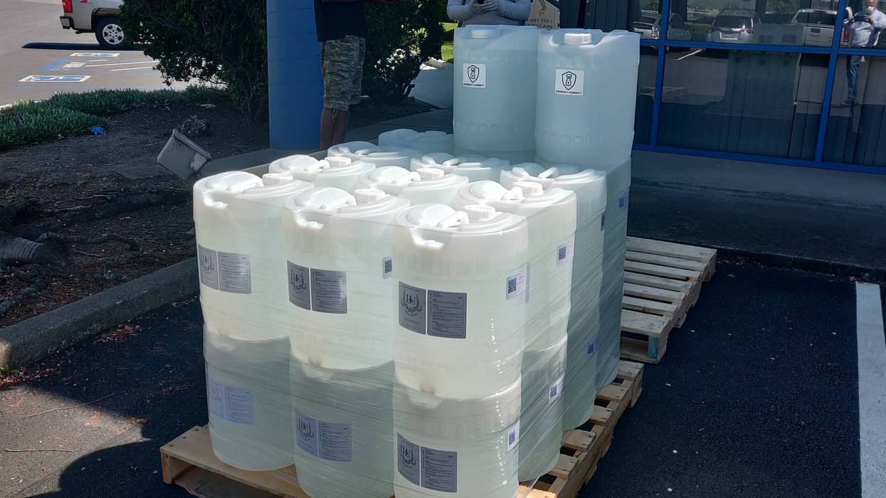 Containers of hand sanitizer sit ready for delivery at Loch and Union Distilling in American Canyon