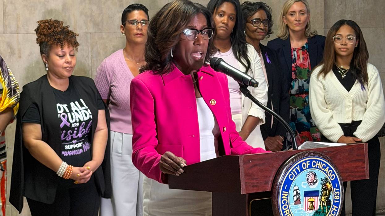 Cook County Commissioner Donna Miller speaks to reporters at Chicago City Hall, July 9, 2026.