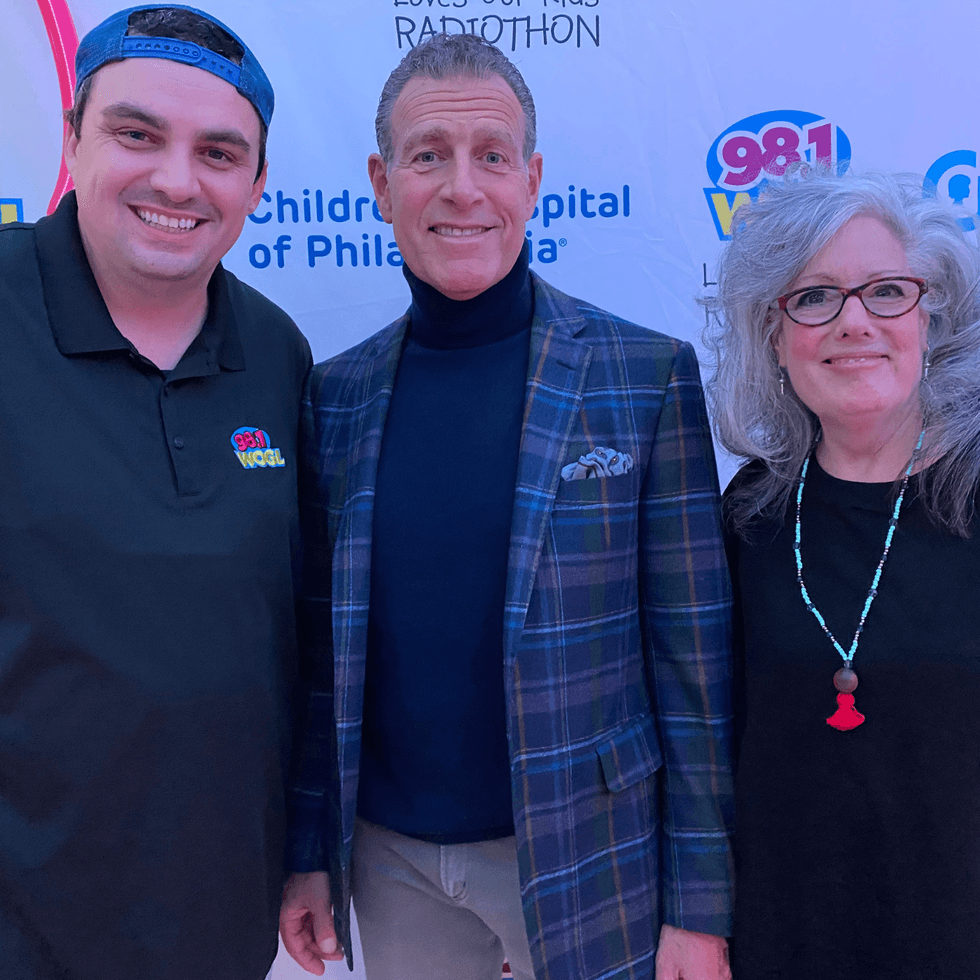 Coop, Pete Ciarocchi - CEO of Chickie's & Pete's, and Marilyn Russell at the 2021 98.1 WOGL Loves Our Kids Radiothon presented by Fulton Bank
