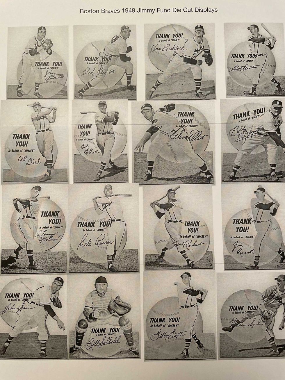 Copies of Boston Braves Jimmy Fund thank you cards from 1949