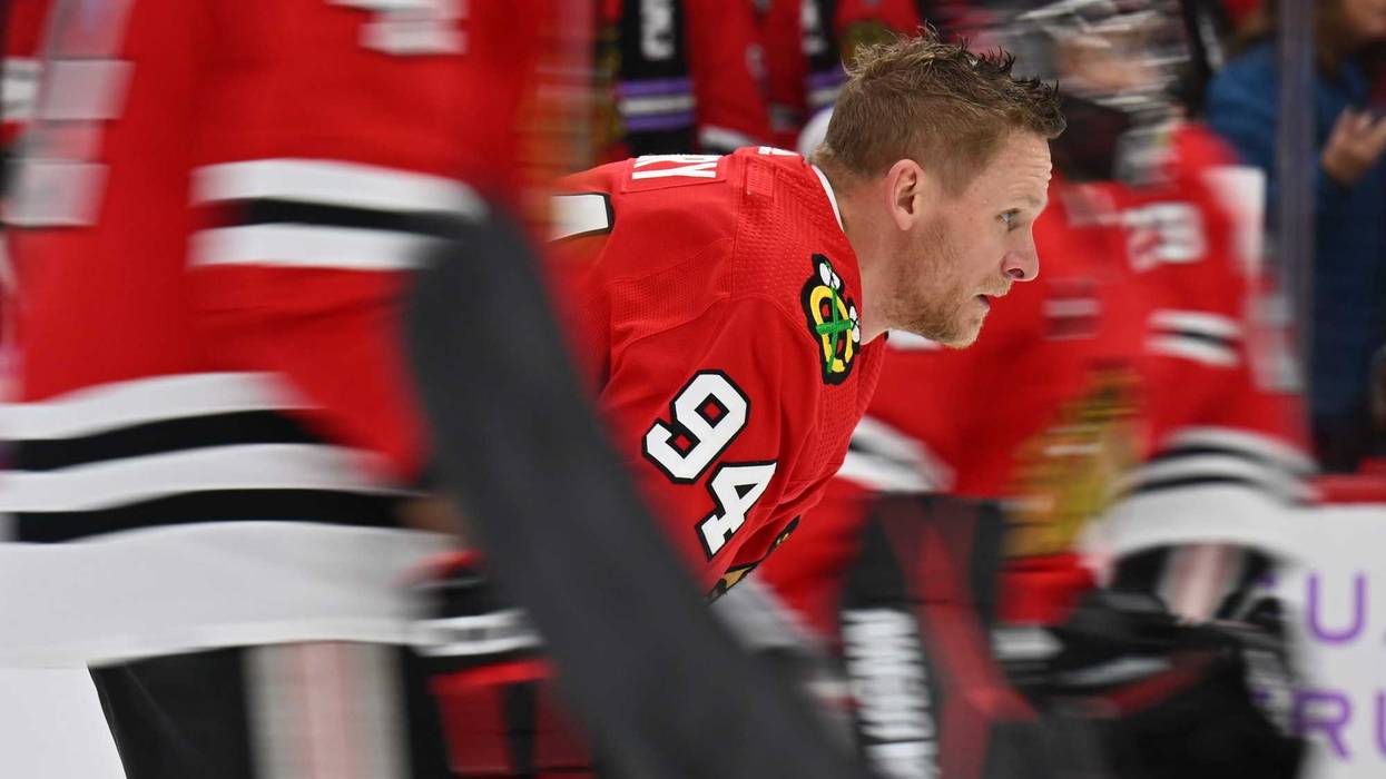 Corey Perry #94, of the Chicago Blackhawks, warms up before a game against the Buffalo Sabres on Nov. 19, 2023 at the United Center.