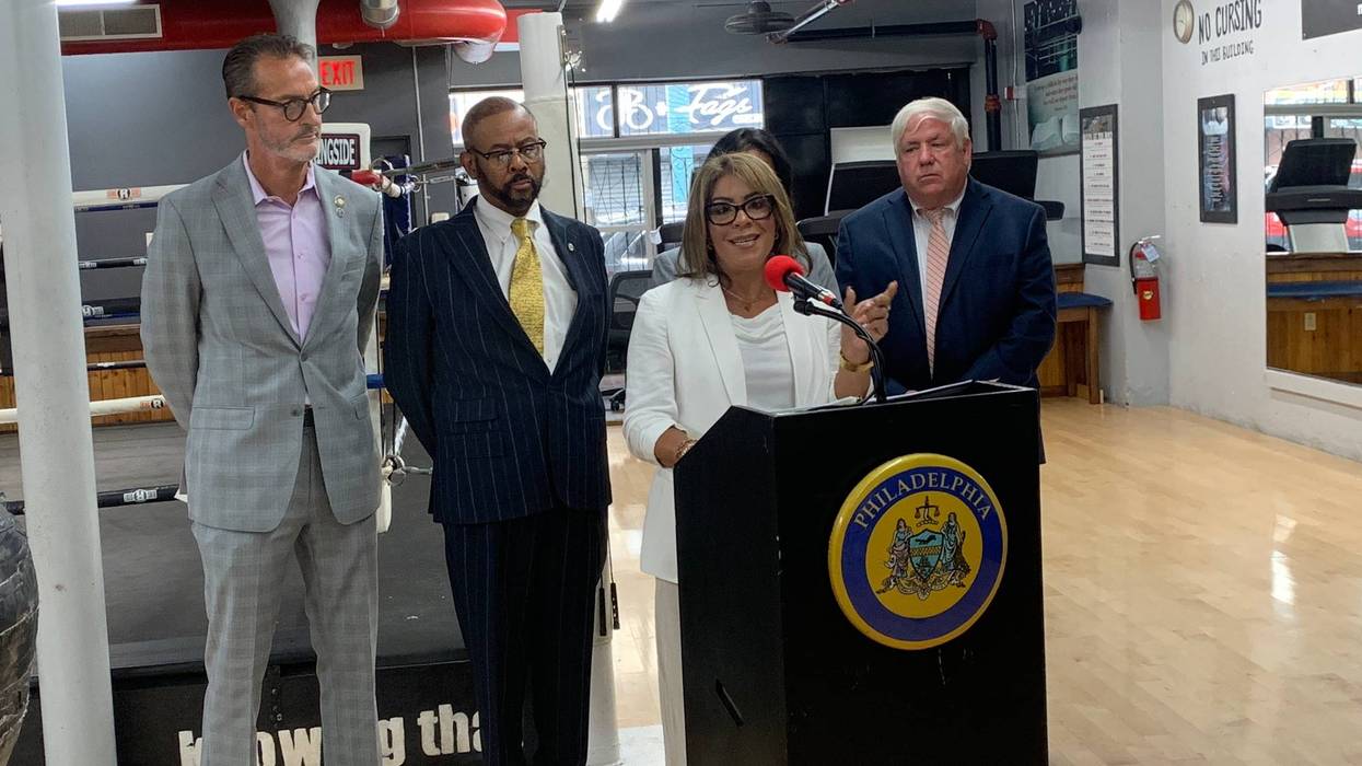 Council members Quetcy Lozada, Jim Harrity, Curtis Jones Jr., Mike Driscoll and Nina Ahmad, hold a presser at Rock Ministries on Thursday.