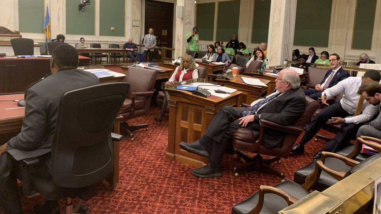 Councilman Mike Driscoll (center) and others listen to public testimony at a Council hearing on Mayor Cherelle Parker's HOME initiative at City Hall on Wednesday, Dec. 10.
