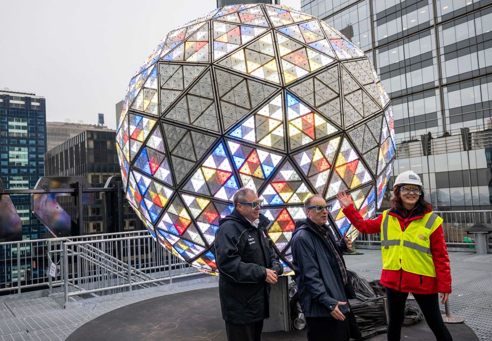 Countdown Entertainment President Jeffrey Straus (C) and executive vice president of Sino-American Friendship Association Li Li (R) unveil the Times Square New Year