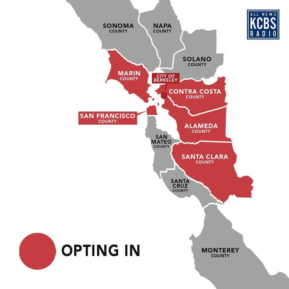 Counties in red have joined in the state