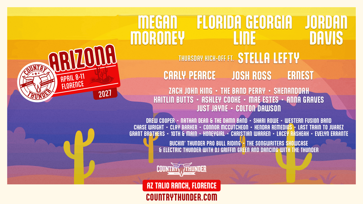 Country Thunder Arizona 2026 lineup featuring Lainey Wilson, Brooks & Dunn, Gavin Adcock, Zach Top.