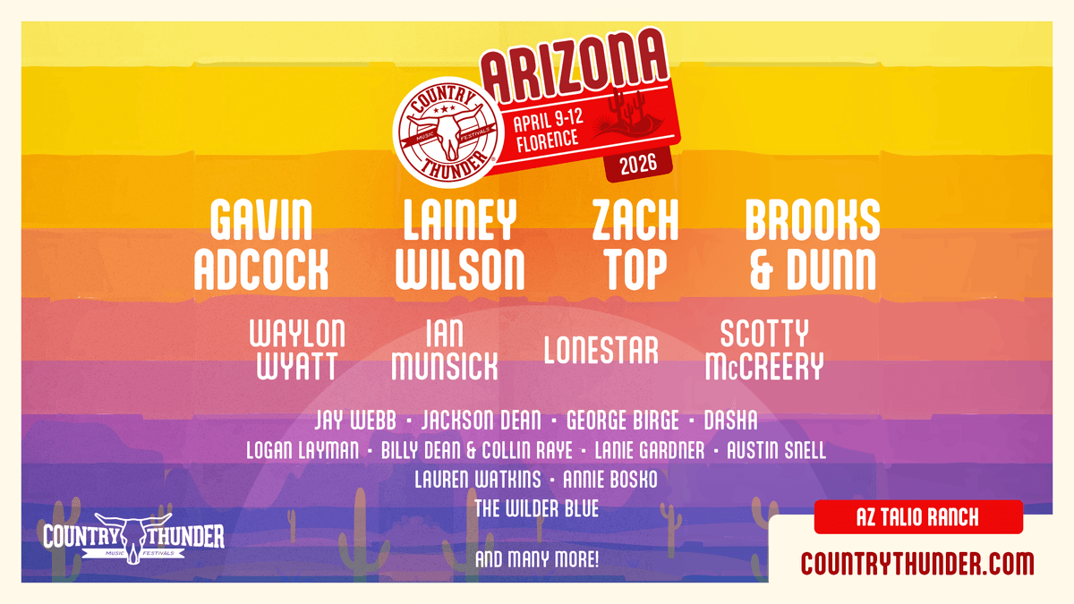 Country Thunder Arizona 2026 lineup poster featuring Lainey Wilson, Brooks & Dunn & more.