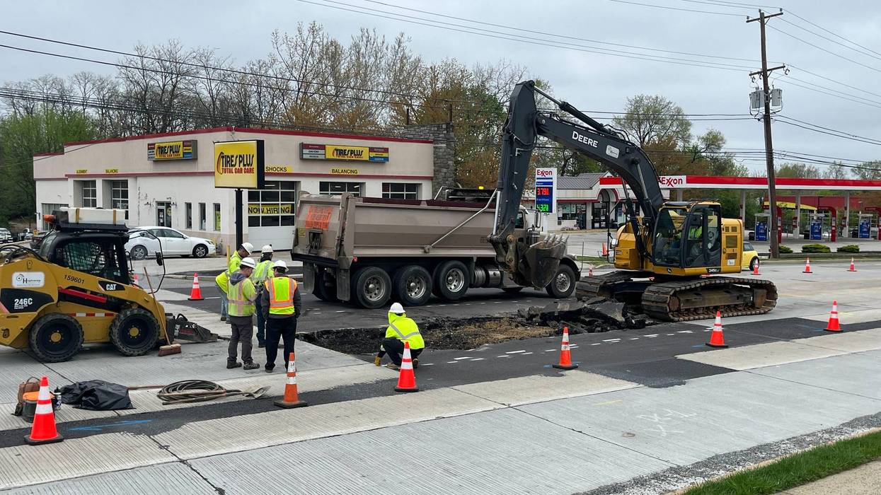 Crews work to repair Route 202 northbound after a sinkhole opened up on the road, April 18, 2024, in King of Prussia.