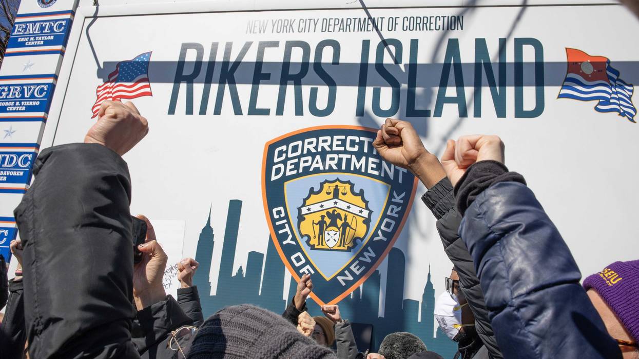 Criminal justice activists demand that Rikers Island jail and the system that discriminates against the poor by demanding bail before trial end, on February 28, 2022 at the gate to Rikers Island in Queens, New York.