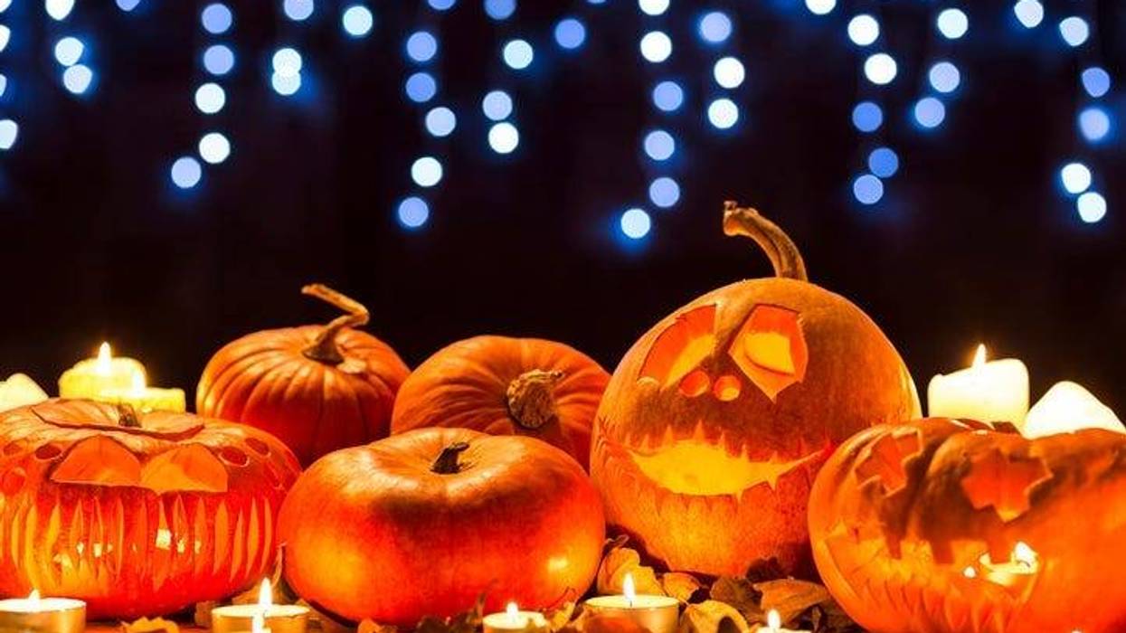 Cropped shot of carved pumpkins amongst the leaves standing on a table
