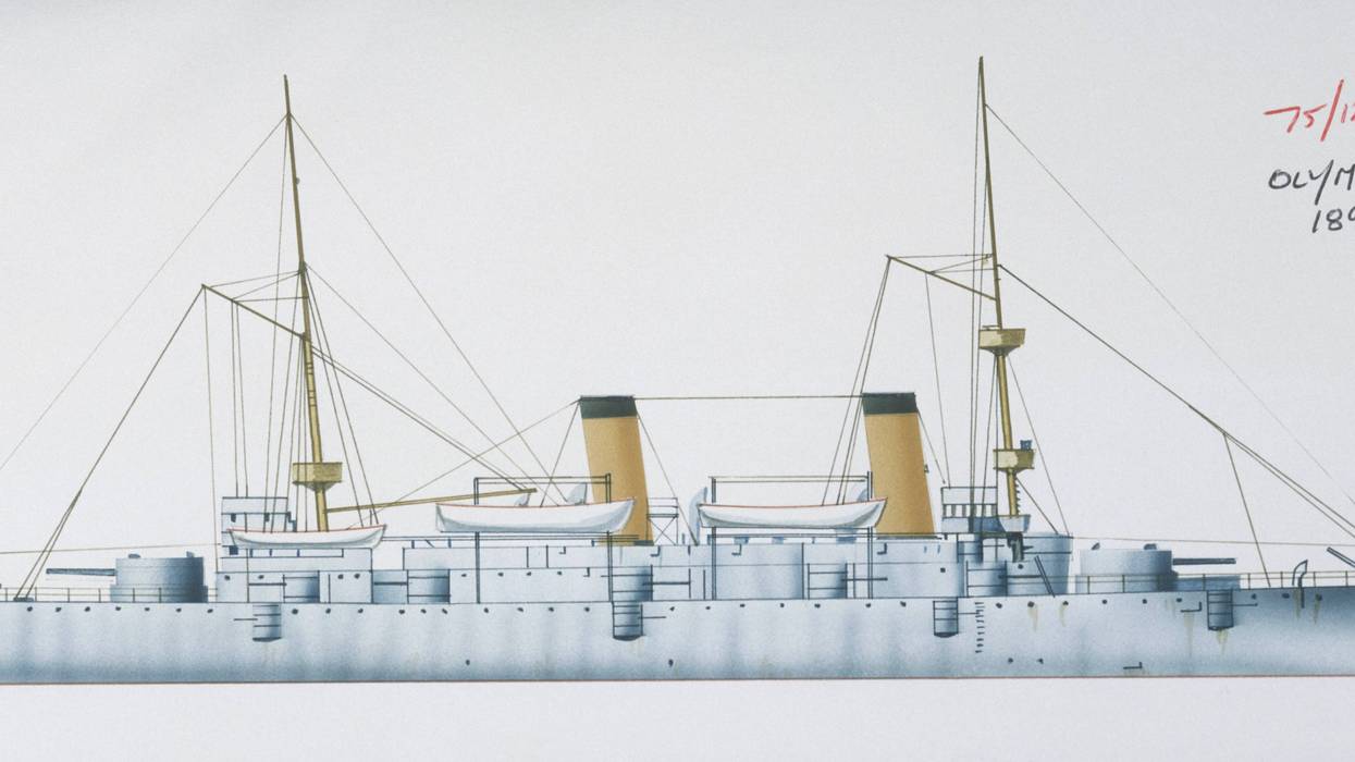 Cruiser USS Olympia, 1892. Color illustration.