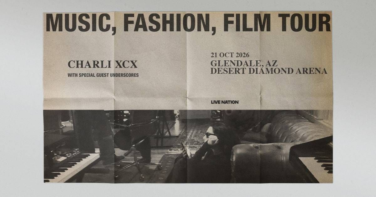 Crumpled poster: Charli XCX & Underscores Music, Fashion, Film Tour, Glendale, AZ, Oct 21, 2026.